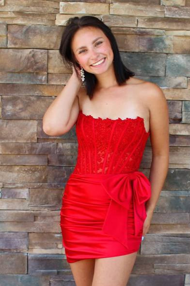 Red Strapless Sheath Off-the-Shoulder Pleated Homecoming Dress