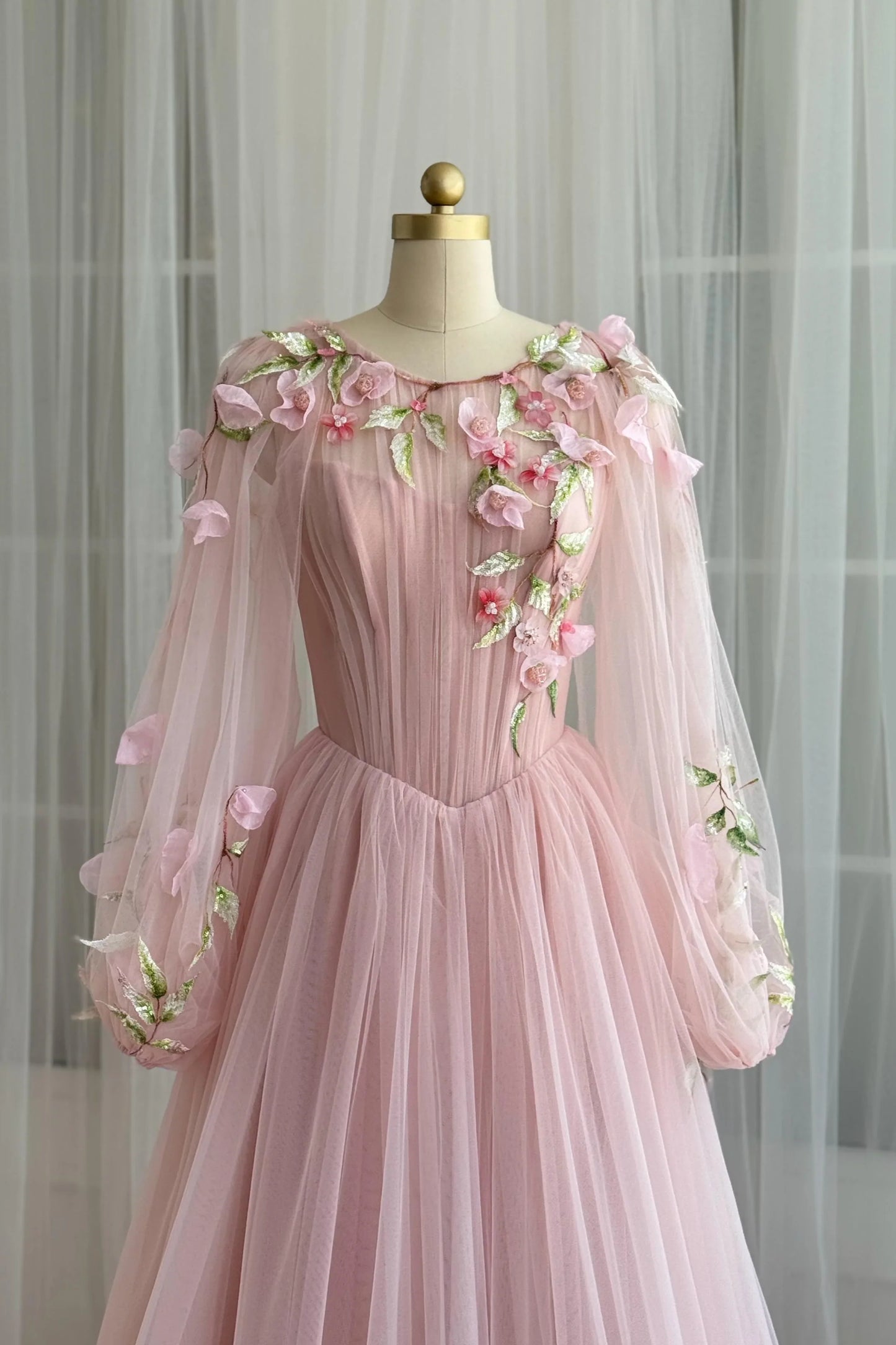 Round Long Sleeves Tulle A-Line Empire Floral Party Prom Dress