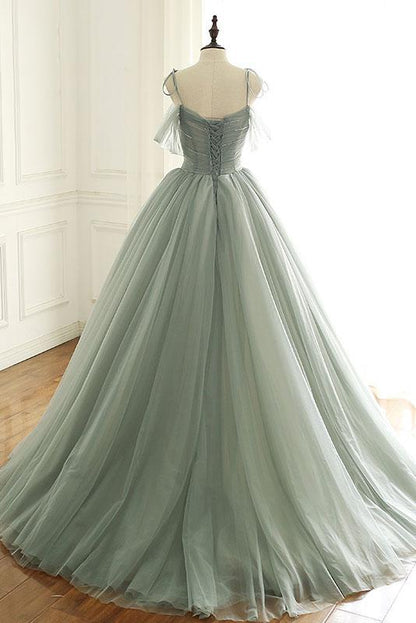 sage green tulle long ball gown with spaghetti straps, sage green sweet 16 dress prom gown P6154