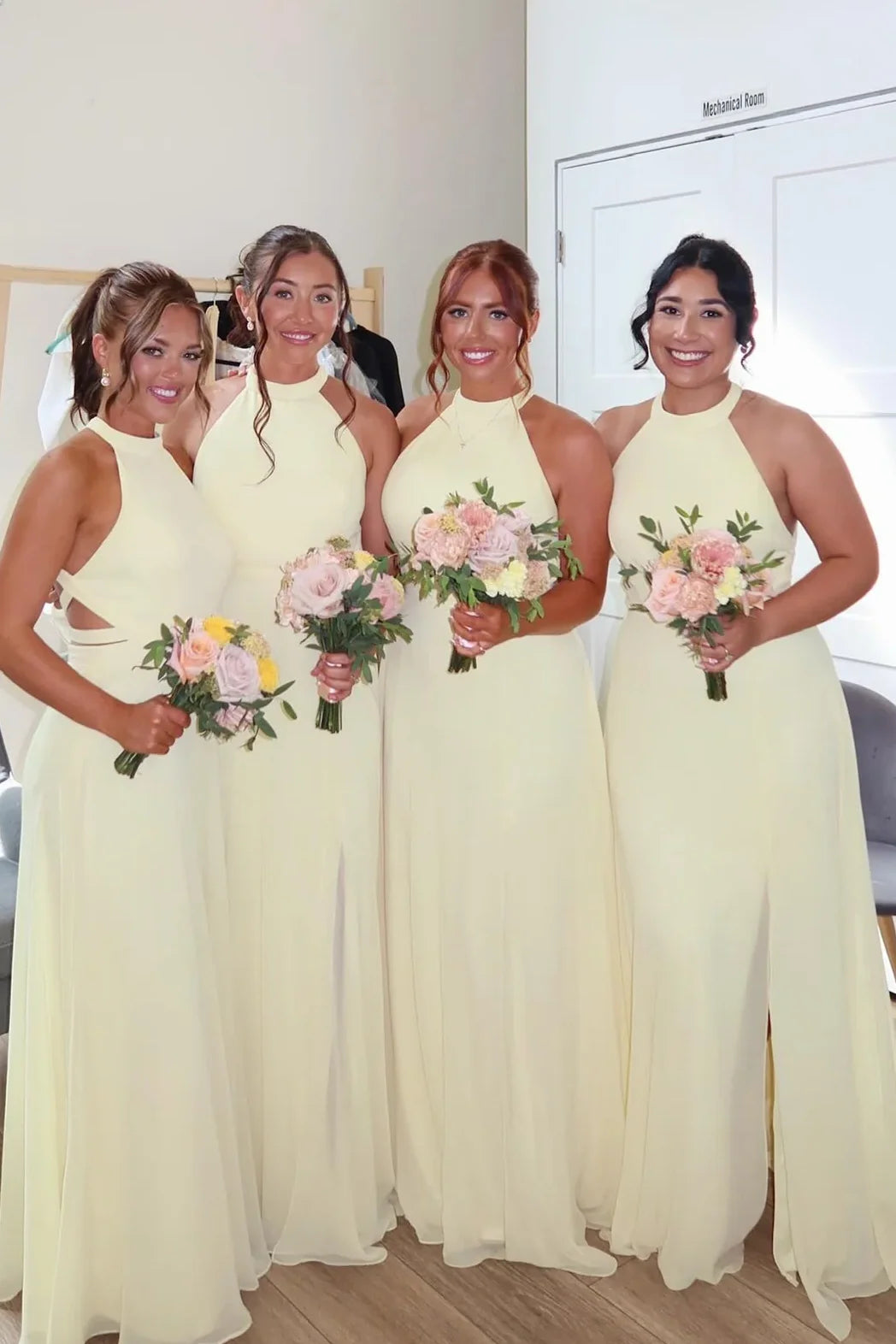 Round Sleeveless Chiffon A-Line Bridesmaid Dress With Leg Slit