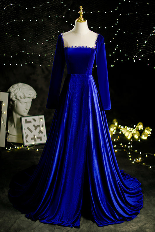 Velevt Square Long Sleeves A-Line Beaded Back Prom Dress