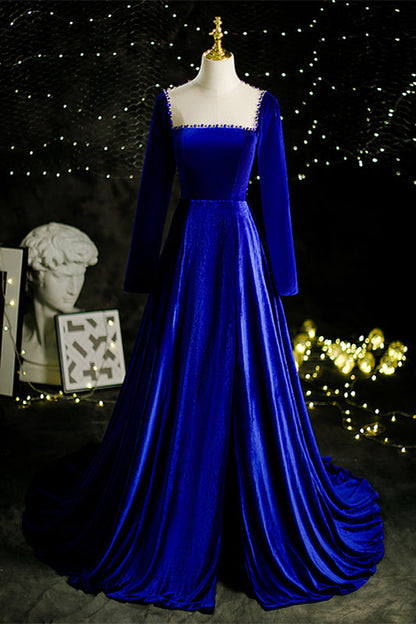Velevt Square Long Sleeves A-Line Beaded Back Prom Dress