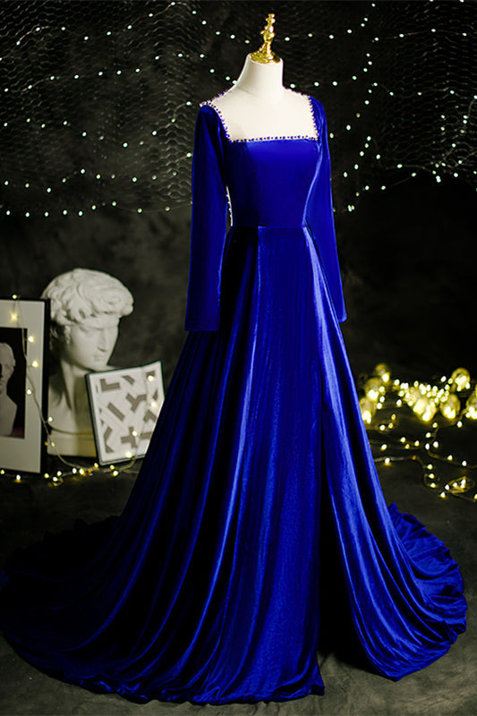 Velevt Square Long Sleeves A-Line Beaded Back Prom Dress