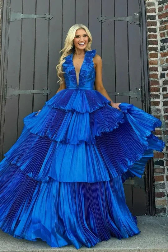 Royal Blue Low V-Neck Sleeveles Ruffled Tiered Party Prom Dress