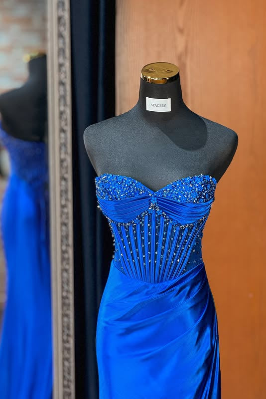 Royal Blue Mermaid Empire Ruched Beaded Party Prom Dress