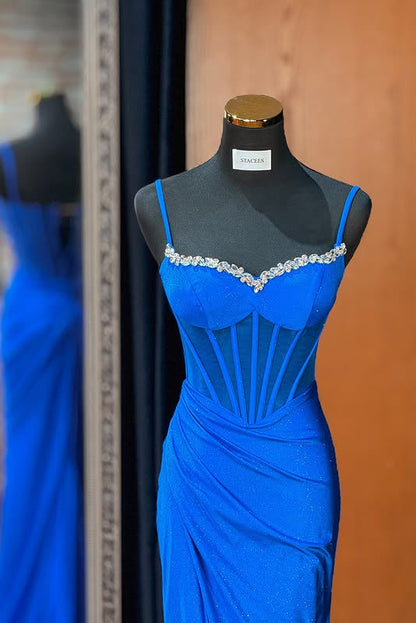 Royal Blue Mermaid Empire Ruched Beaded Party Prom Dress