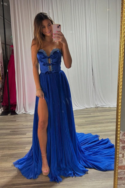 Royal Blue Strapless Beaded Two Tone Party Prom Dress