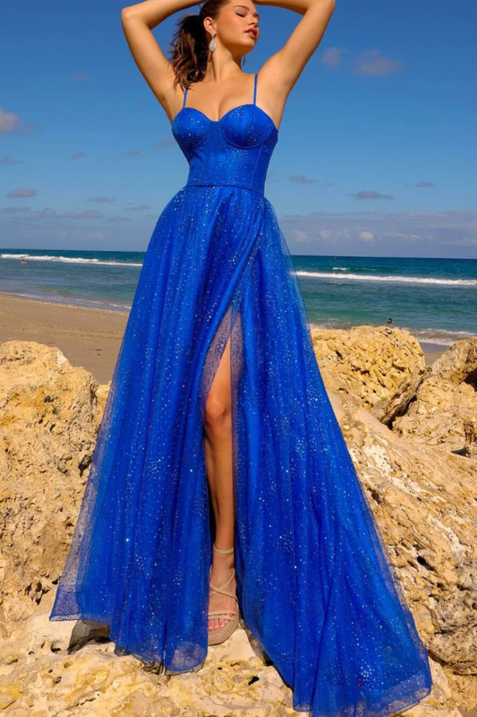 Royal Blue Sweetheart Spaghetti Straps Tulle A-Line Prom Dress