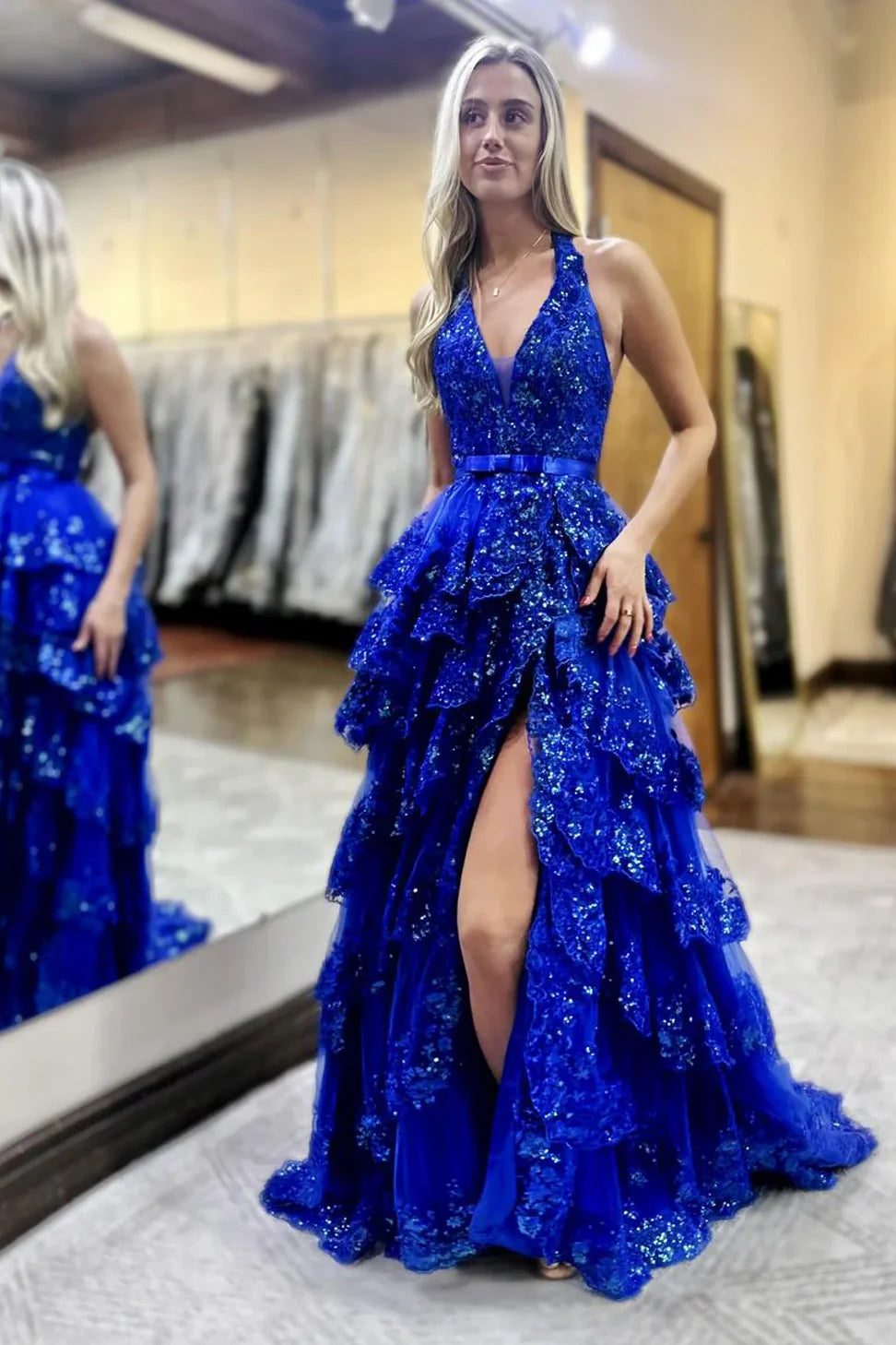 Royal Blue V-Neck Halter Backless Tiered Lace Prom Dress
