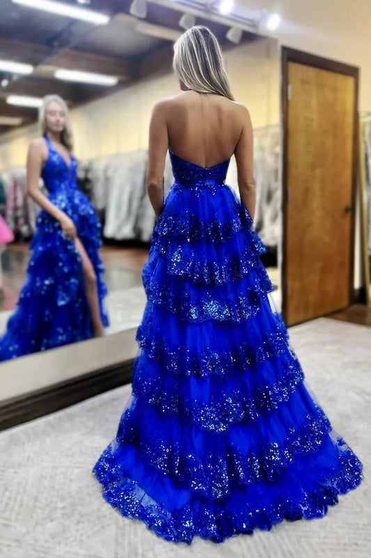 Royal Blue V-Neck Halter Backless Tiered Lace Prom Dress