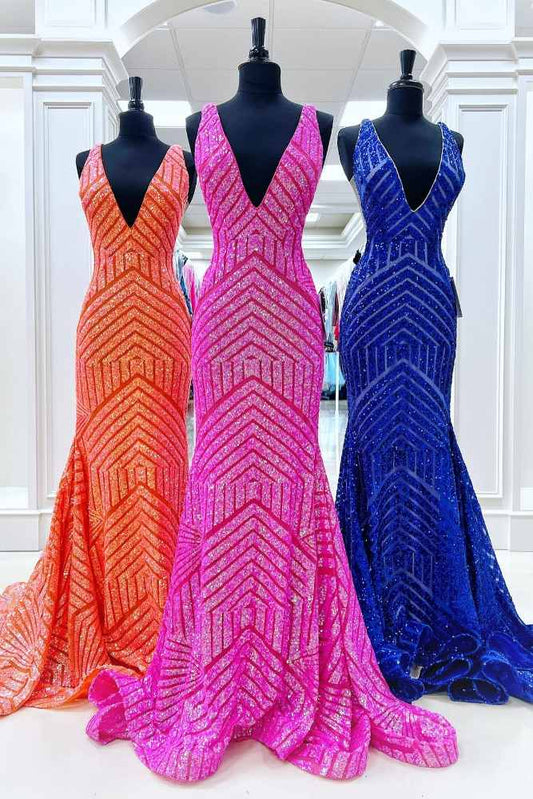 Royal Blue V-Neck Sequin Long Mermaid Prom Dress