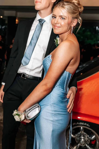 Ruched Empire Satin Beaded Mermaid Party Prom Dress With Slit