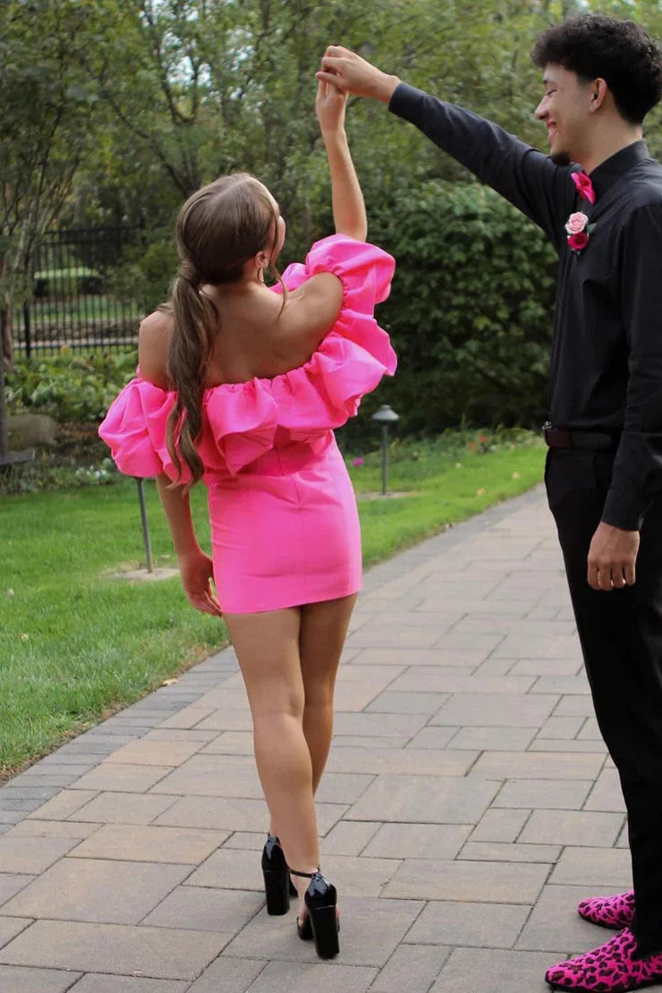 Ruffle Off-Shoulder Bodycon Satin Homecoming Dress