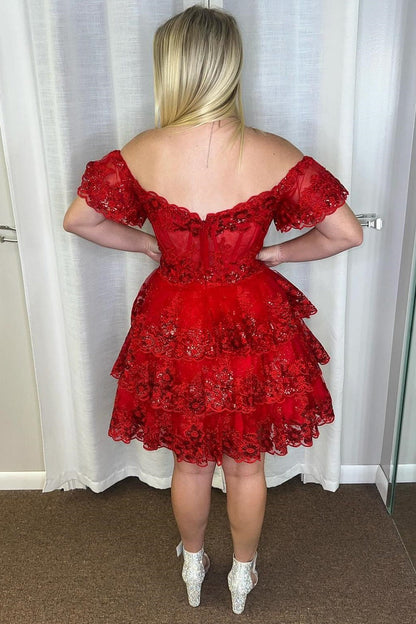 Ruffle Off-Shoulder Lace A-Line Tiered Homecoming Dress