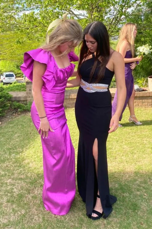 Ruffle Straps Satin Fitted Party Prom Dress With Leg Slit