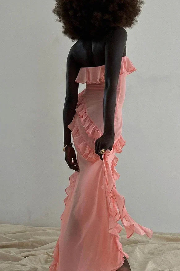 Ruffled Strapless Empire Party Prom Dress With Slit