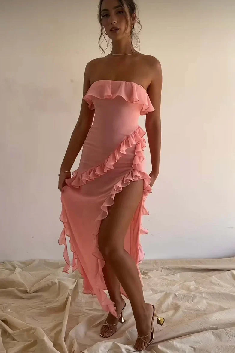 Ruffled Strapless Empire Party Prom Dress With Slit