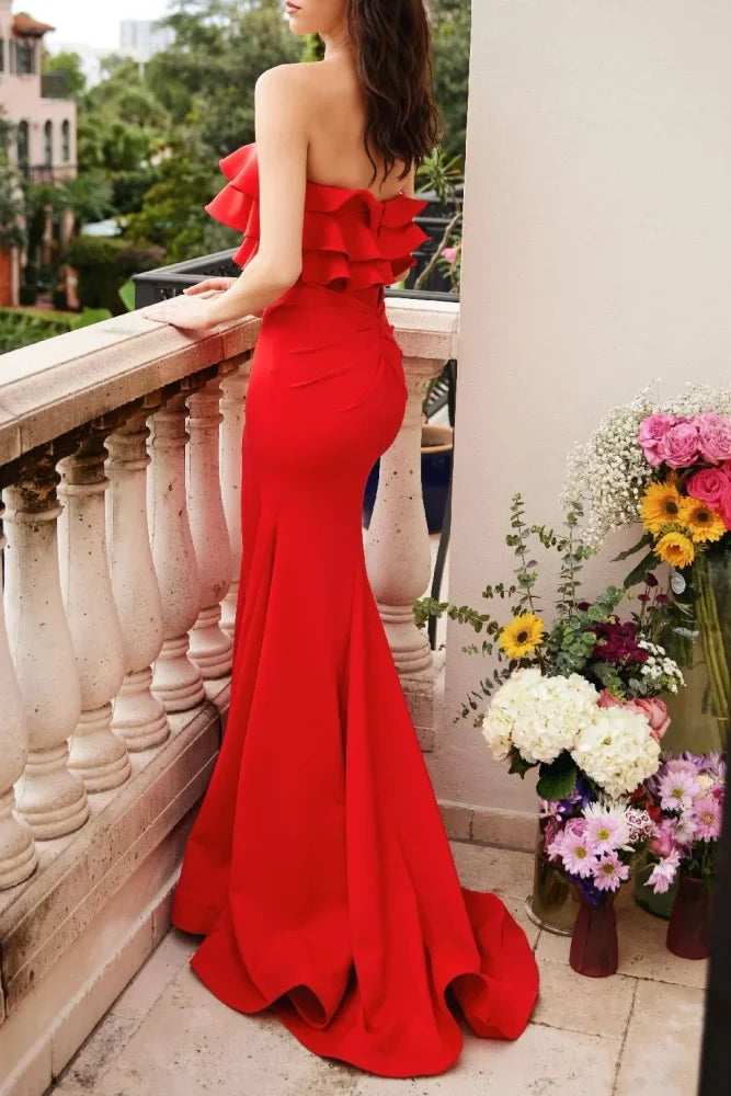 Ruffled Strapless Satin A-Line Party Prom Dress