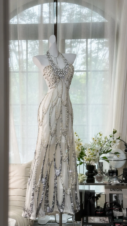 Classy Halter Chiffon Sequin Beaded Mermaid Evening Dress Long Prom Gown D1314