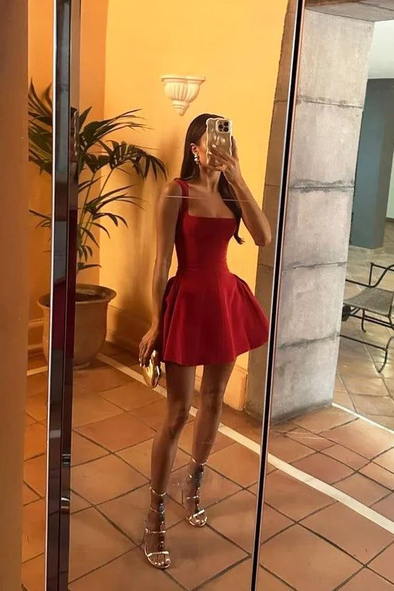 Sexy Burgundy Square Neck Mini Cocktail Dress Short Party Dress Homecoming Dress S701