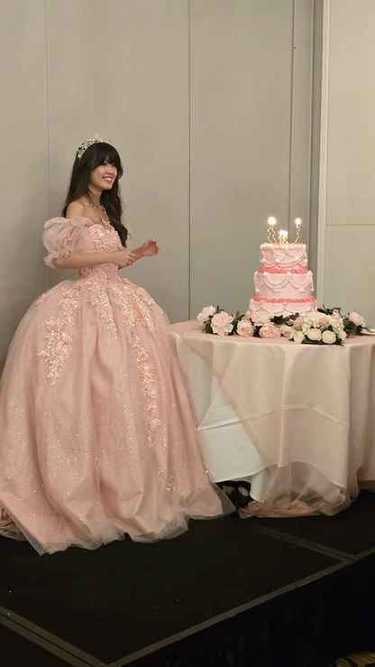 Sweet Pink Tulle Sequin Appliques Ball Gown Quinceanera Dress D1010
