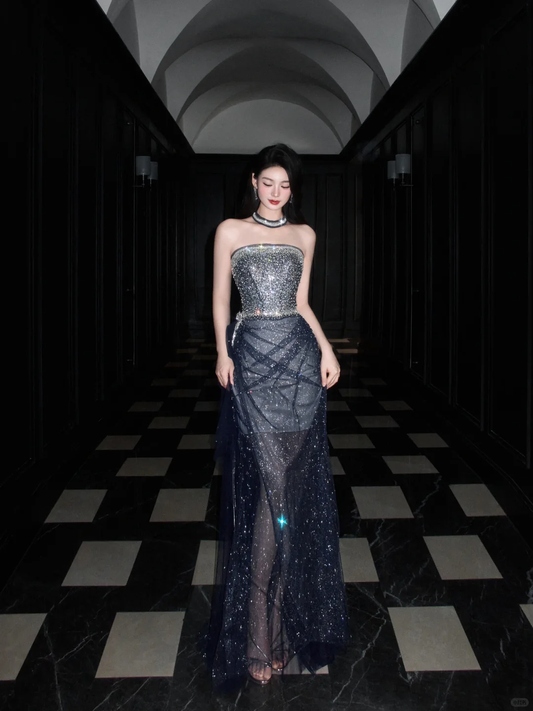 Shiny Grey A Line Strapless Rhinestone Tulle Long Prom Dress Party Dress SH4194