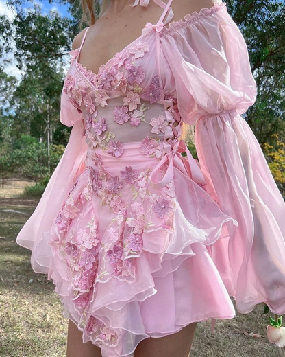 Pretty Pink Organza Appliques A Line Short Graduation Homecoming Dress Birthday Outfits D502