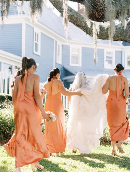Elegant Sheath Halter Orange Satin Open Back Long Bridesmaid Dress Graduation Prom Dress SH2593