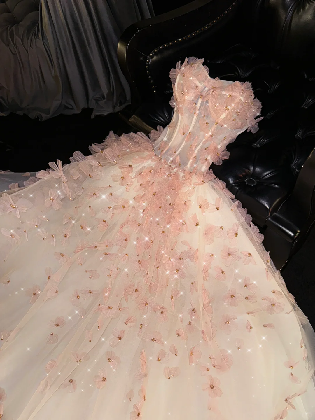 Romantic A Line Sweetheart Neck Floral Beaded Pink Tulle Prom Dress Evening Dress SH2978