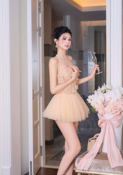 Khaki A Line Strapless Lace Tulle Short Homecoming Dress SH4786