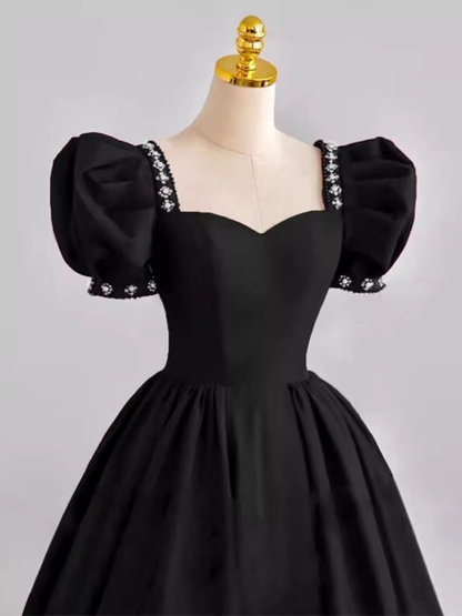 Vintage Ball Gown Sweetheart Satin Black Long Prom Dress Formal Dresses PD0049