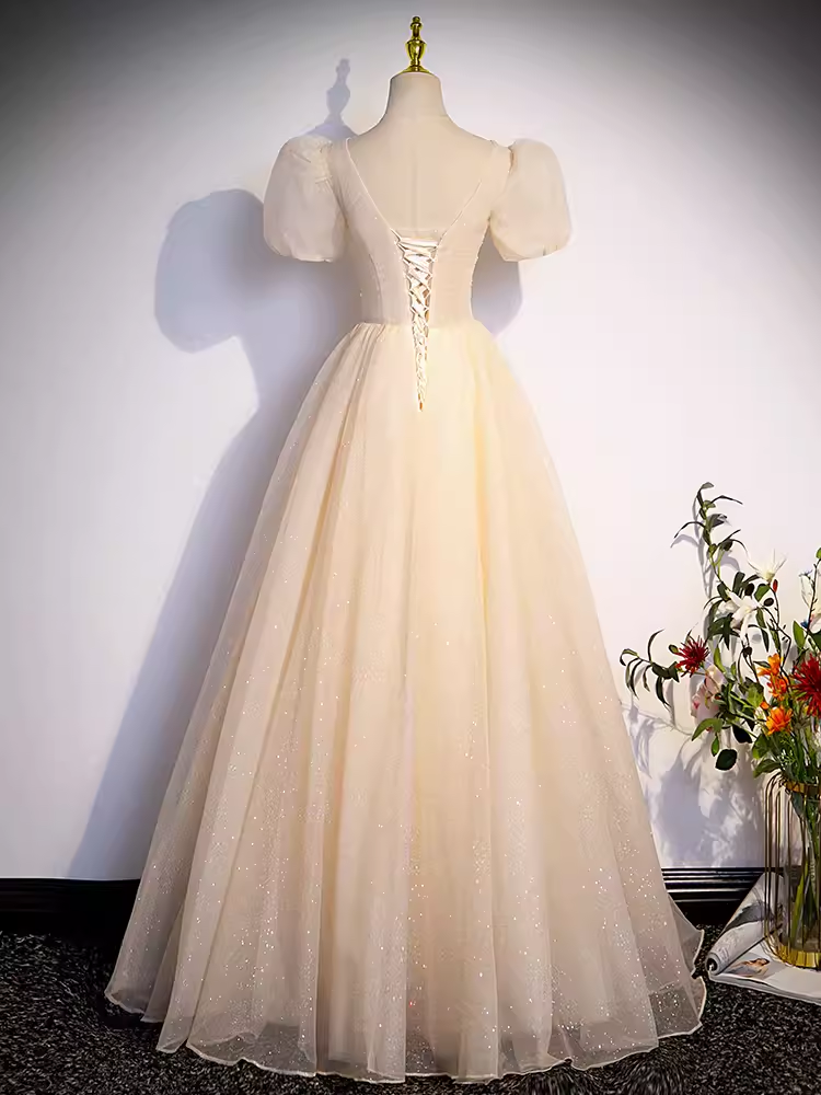 Pretty A line V Neckline Short Sleeves Long Evening Party Dress Prom Dresses PD0052
