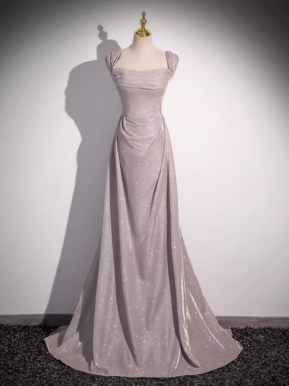 Pretty A line Square Neckline Sleeveless Long Evening Party Dress Pink Prom Dresses PD0055