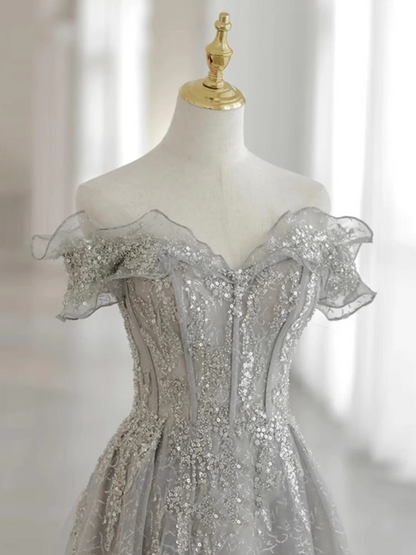 Pretty A line Off The Shoulder Sequin Long Evening Party Dress Prom Dresses PD0056