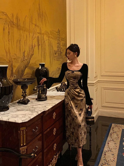 Sexy French A Line Square Neckline Velvet Black Prom Dresses Birthday Outfits Evening Gown SD1050