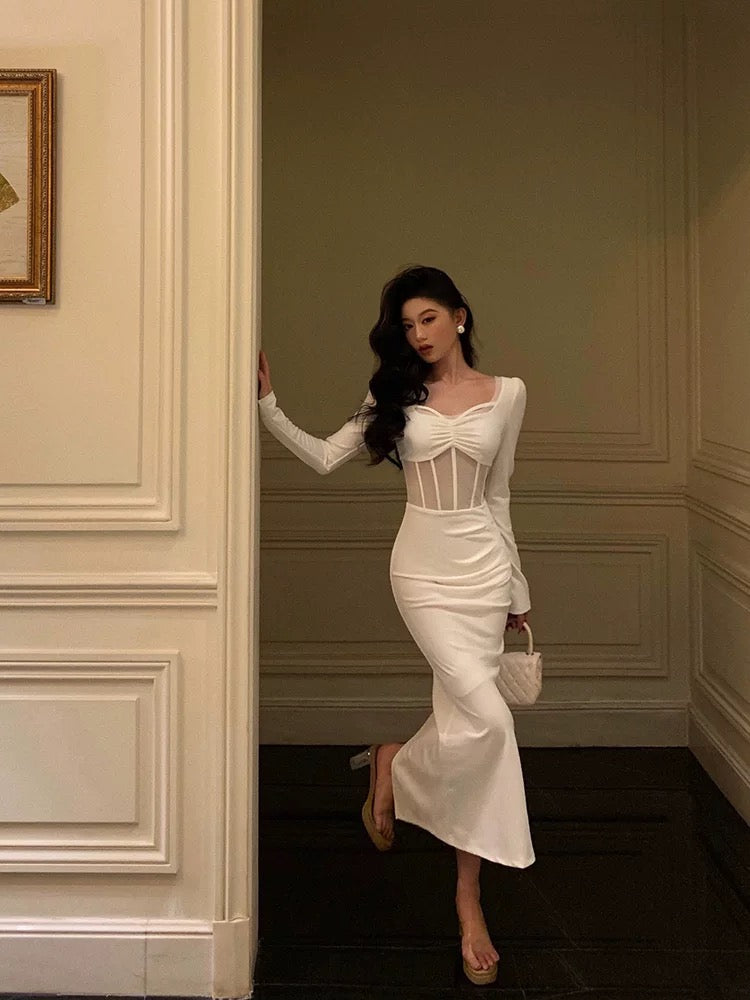 Classy Sheath Long Sleeves White Prom Dresses Birthday Outfits Evening Gown SD1116