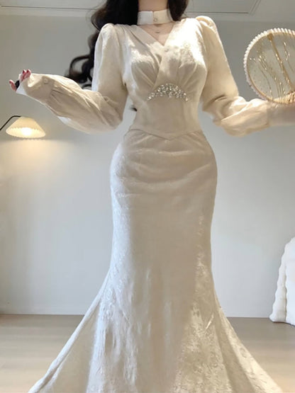 Sexy Mermaid V Neckline Long Sleeves White Prom Dresses Night Dress Birthday Outfits SD1211