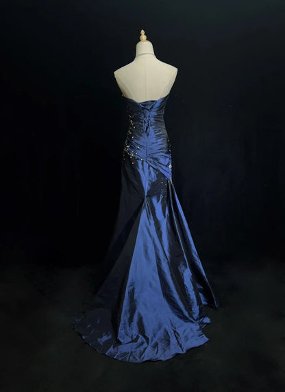 Sexy Sweetheart Sleeveless Mermaid Satin Long Navy Blue Prom Dresses SD1291