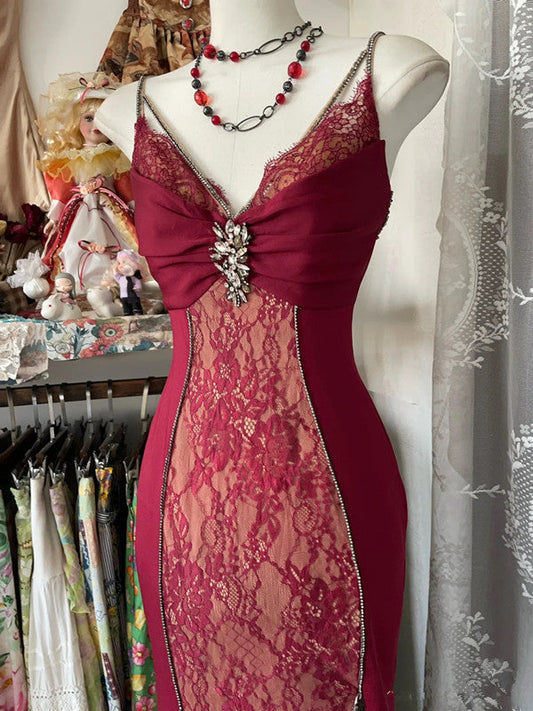 Sexy Mermaid Spaghetti Straps Red Lace Prom Dresses Long Party Dress SD1308