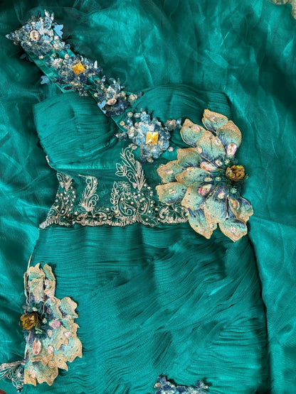 Retro Mermaid One Shoulder Tulle Green Long Party Dress Prom Dresses SD1518