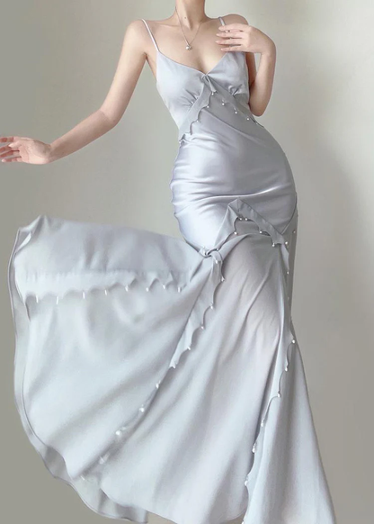 Retro Mermaid Straps Satin Blue Long Prom Dresses Party Dress SD1320