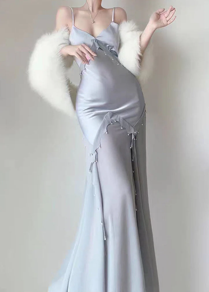 Retro Mermaid Straps Satin Blue Long Prom Dresses Party Dress SD1320