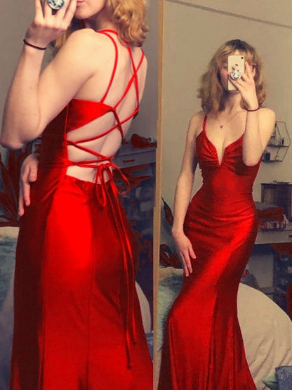Burgundy mermaid long prom dress v-neck tight simple prom dress SD1348