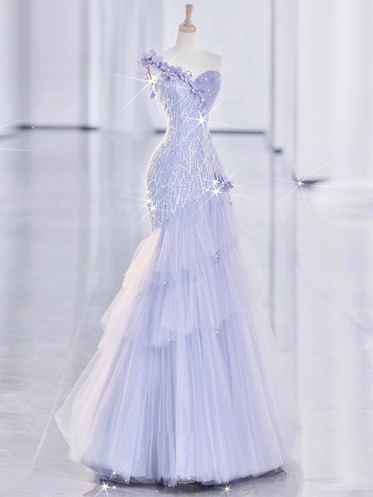 Vintage Mermaid One Shoulder Lilac Tulle Satin Long Prom Dresses Party Dress SD1366