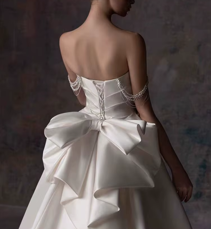 Unique Mermaid White Satin Strapless Pleats Long Satin Wedding Dress SD2001