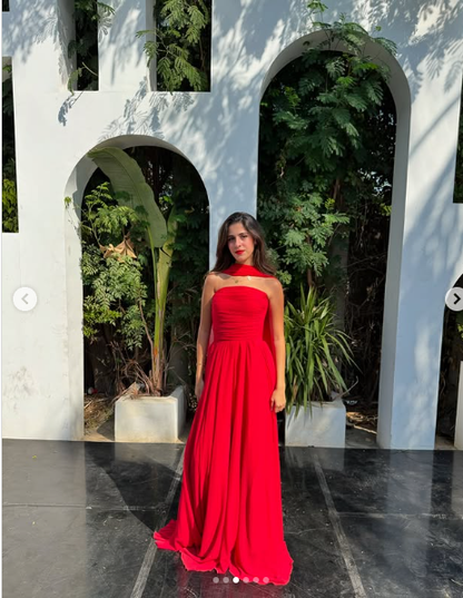 Pretty A Line Strapless Red Chiffon Long Prom Dresses Formal Evening Dress SD1405