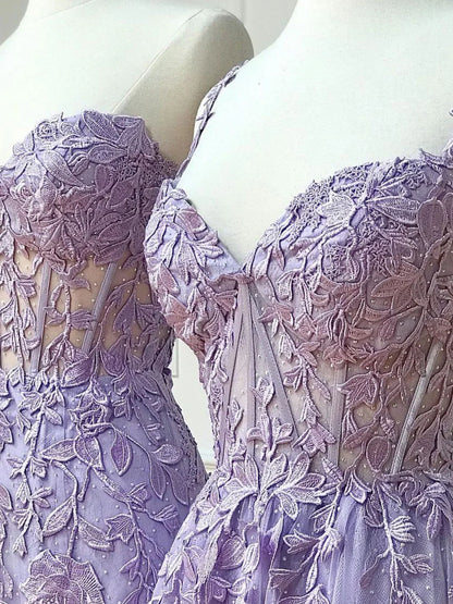 Elegant Mermaid Sleeveless Lace Lilac Evening Prom Dresses Long Prom Dresses SD1420