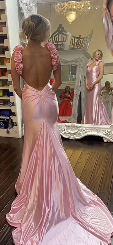 Sexy Mermaid Straps Neckline Pink Satin Backless Evening Gown Prom Dresses SD1431