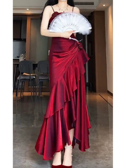 Simple Mermaid Spaghetti Straps Burgundy Party Dress Long Prom Dresses SD1465