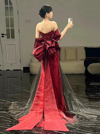 Classy Mermaid Off The Shoulder Burgundy Long Party Dress Satin Prom Dresses SD1467